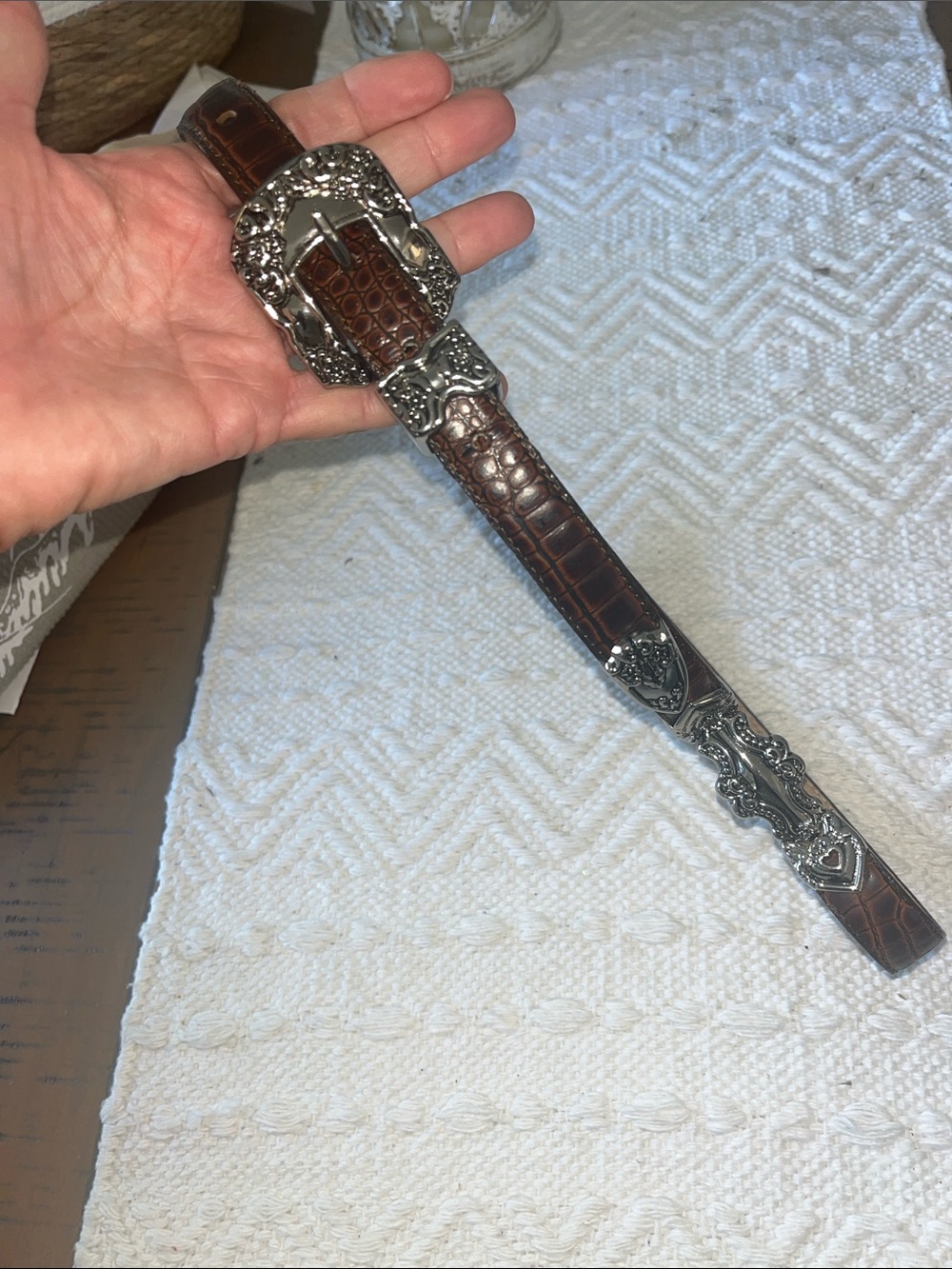 Western-Style Brown Croc Embossed Belt with Silver Buckle